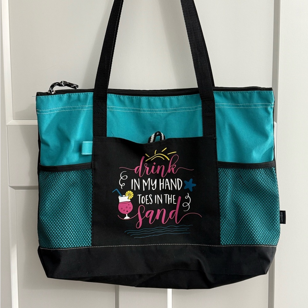 Beach/Vacation tote bag w/ mesh pockets - drink in my hand, toes in the sand